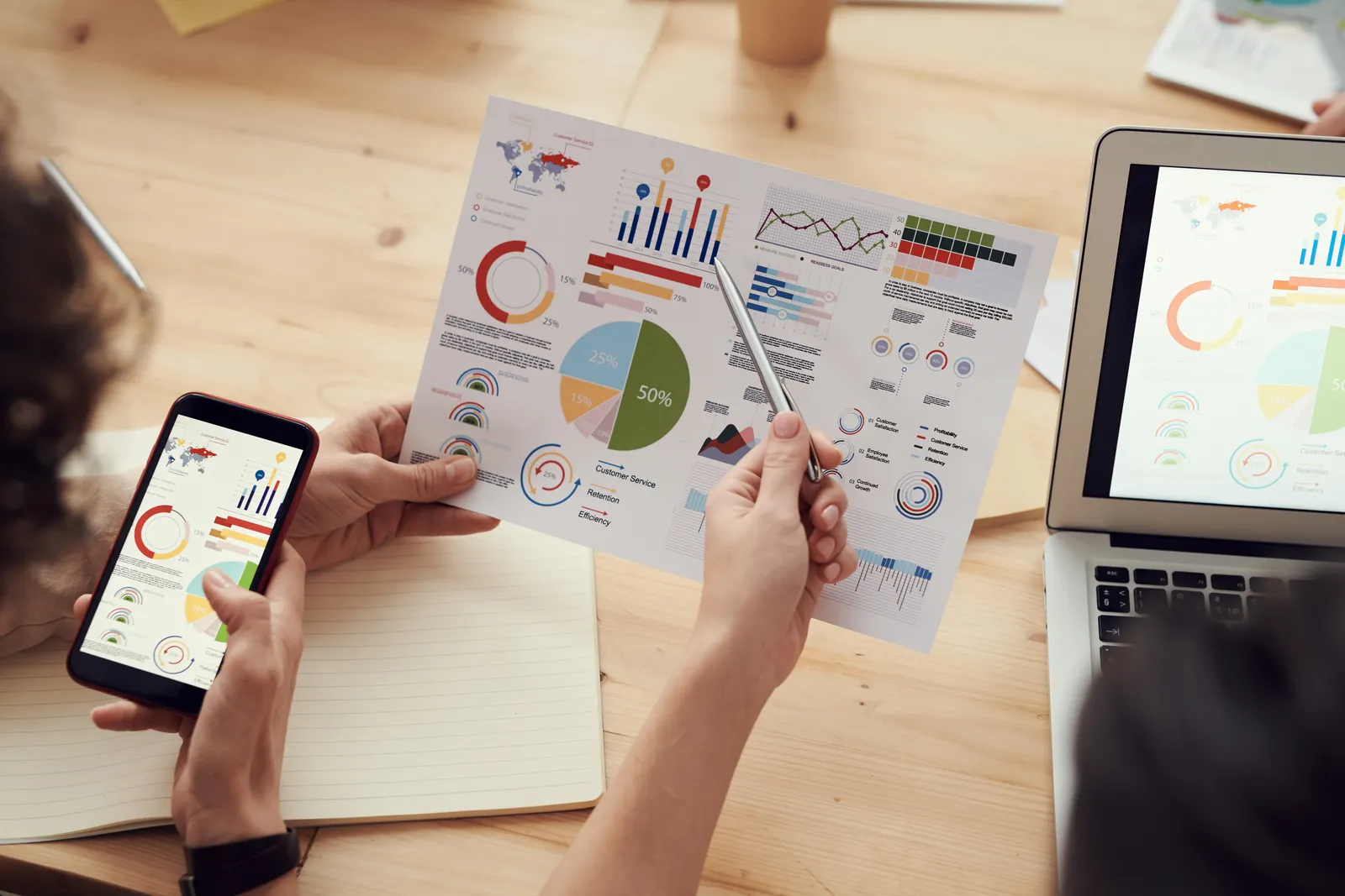 Manos sosteniendo un informe con gráficos y un teléfono sobre una mesa de trabajo